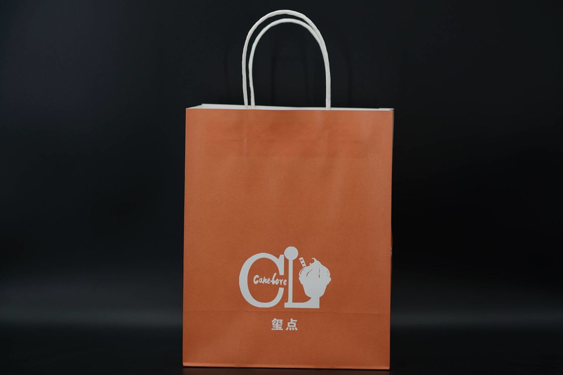 Custom Orange Eco Paper Bags With Handles Twisted Solid Plate Printing