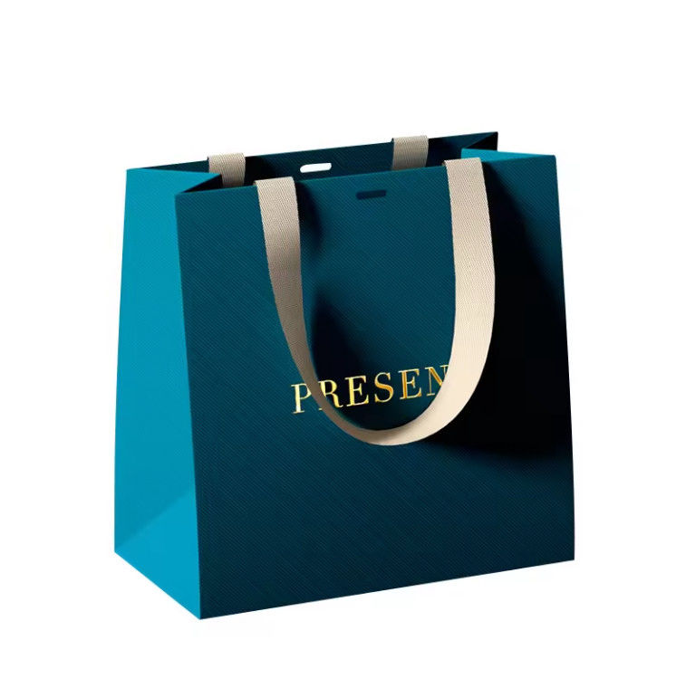 Luxury Ribbon Handle Boutique Shopping Packaging Black Paper Bags With Logo
