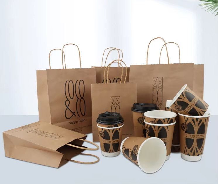 Biodegradable Customized Paper Bag Brown Shopping Packaging With Handle Kraft Paper Bag For Coffee Shop Bakery