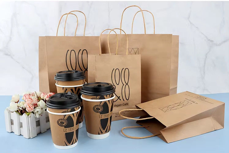 Biodegradable Customized Paper Bag Brown Shopping Packaging With Handle Kraft Paper Bag For Coffee Shop Bakery